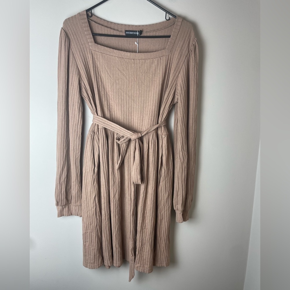 Sherryrise Women's Long Sleeve Ribbed Fit & Flare Dress Beige Size XL